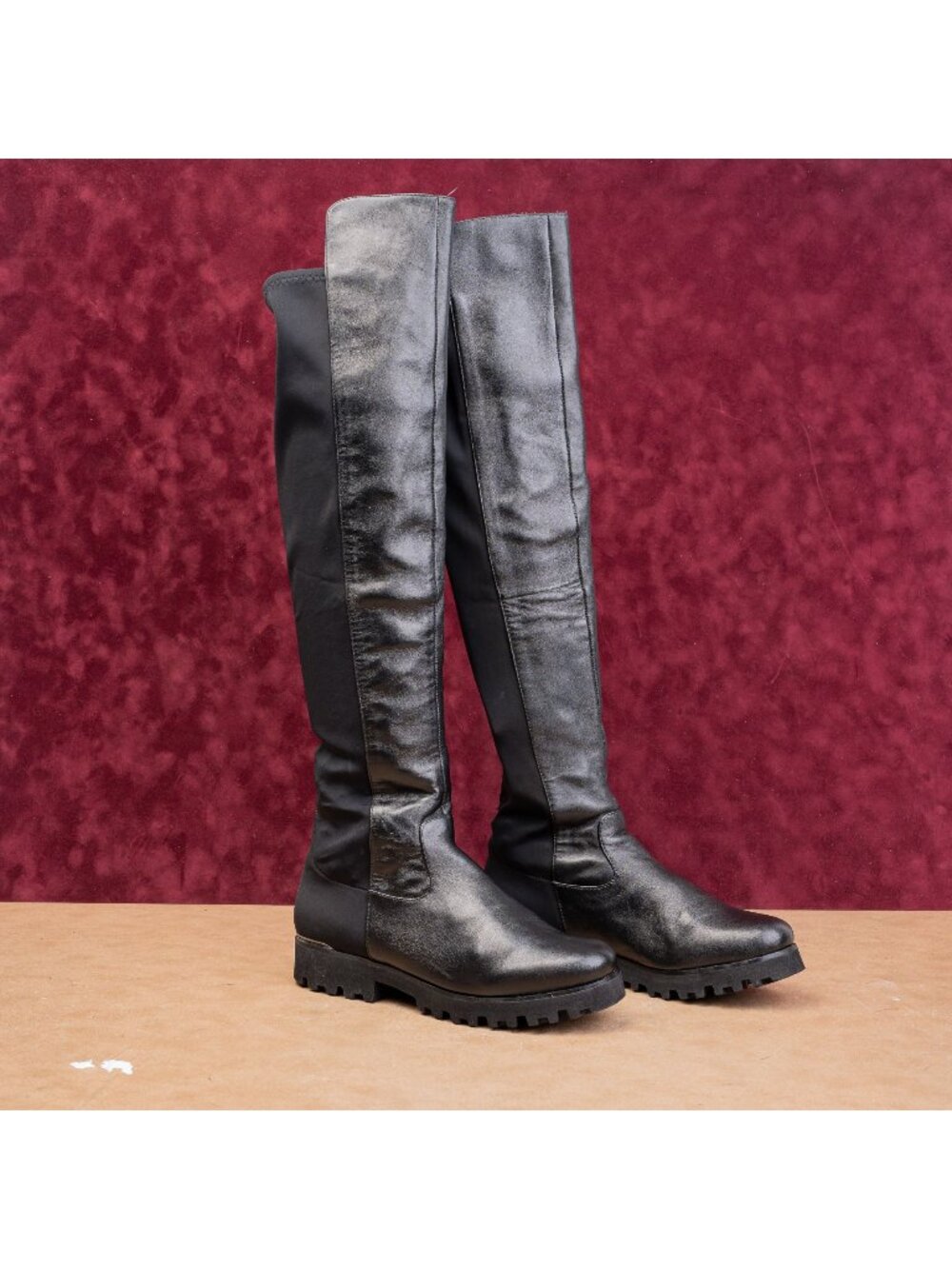 Donald Pliner Women Festival Party Black Leather OTK Platform Stretch Boots 6.5